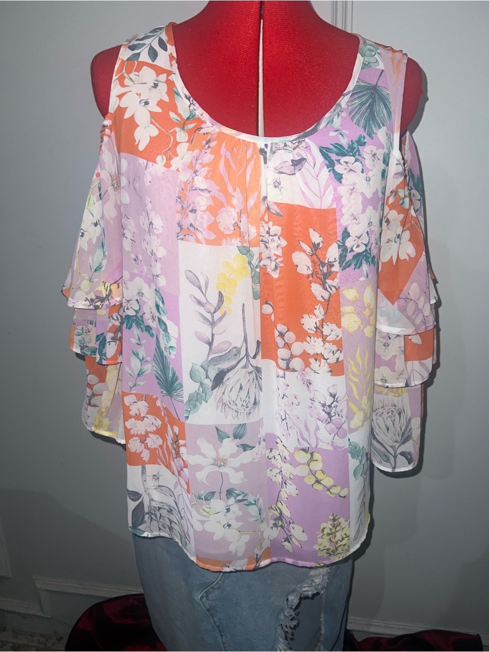 Cato Patchwork Cold-Shoulder Top water fall sleeves pink peach size large